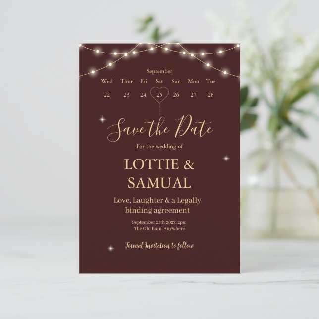 Modern Deep burgundy Fairy Lights Save The Date (Standing Front)