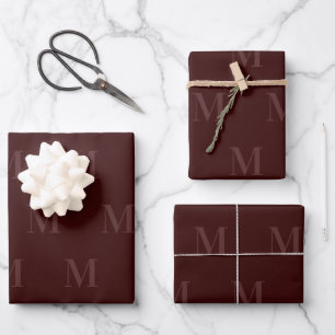Modern Deep Burgundy Minimalist Monogram Wrapping Paper Sheets