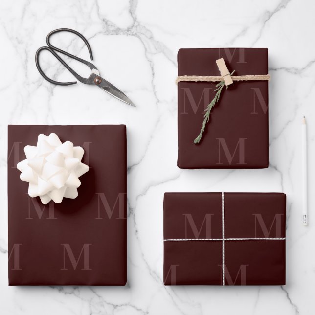Modern Deep Burgundy Minimalist Monogram Wrapping Paper Sheets (Front)