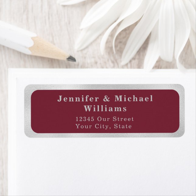 Modern Deep Burgundy Silver Gray Wedding Label (Insitu)