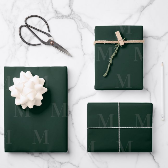 Modern Deep Forest Green Minimalist Monogram Wrapping Paper Sheets (Front)