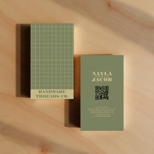 Modern Deep Green Checkered Pattern QR Code Business Card
