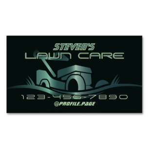 Modern deep green lawn mower business card magnet