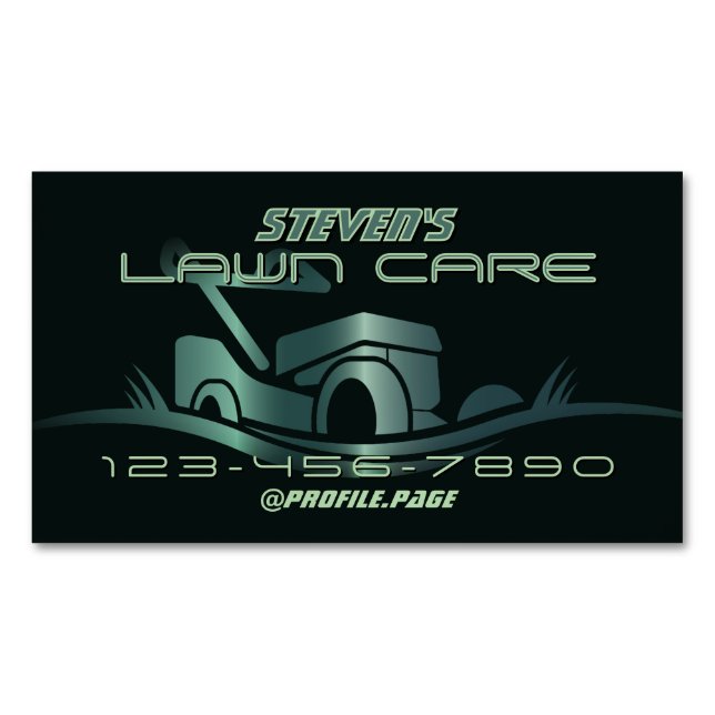 Modern deep green lawn mower  business card magnet (Front)