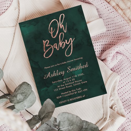 Modern deep green watercolor chic Oh baby shower Invitation