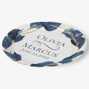 Modern Deep Indigo Blue and Gold Frame Paper Plates