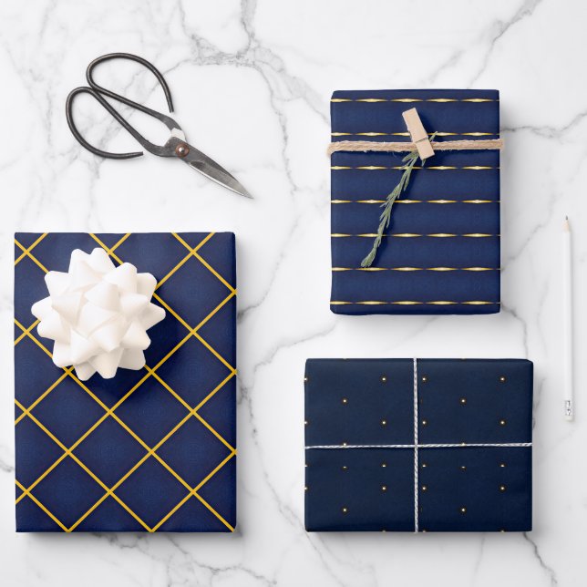 Modern Deep Navy and Gold Sleek  Wrapping Paper Sheets (Front)