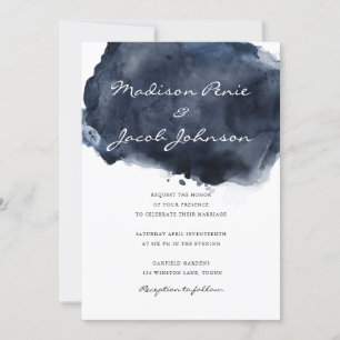 Modern Deep Navy Watercolor Paint Splash Wedding Invitation