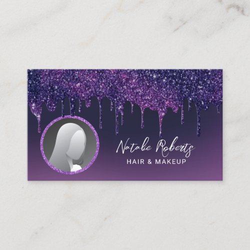Modern Deep Purple Glitter Drips Beauty Photo Business Card