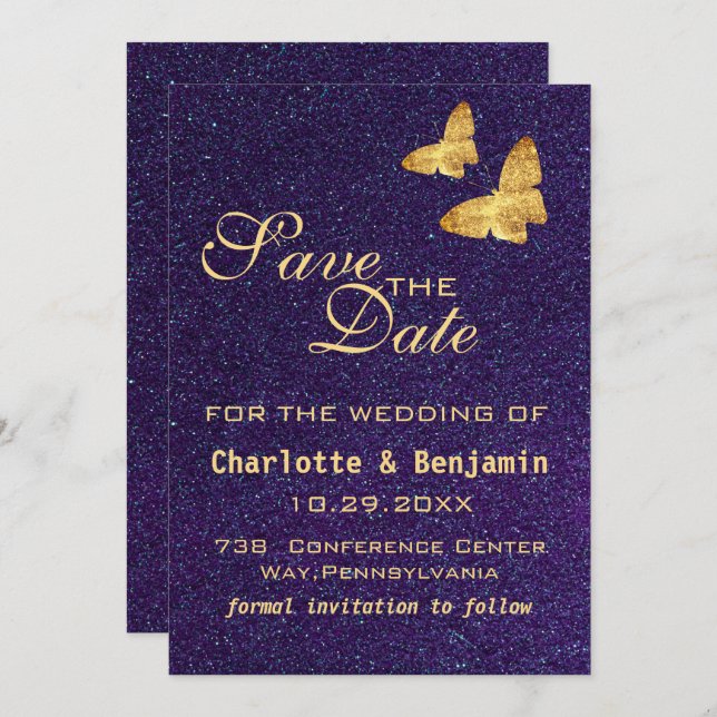 Modern Deep Purple Glitter  & Gold Butterfly Save The Date (Front/Back)