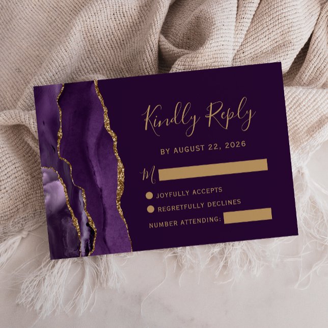 Modern Deep Purple Gold Agate Dark Wedding RSVP Card (Creator Uploaded)