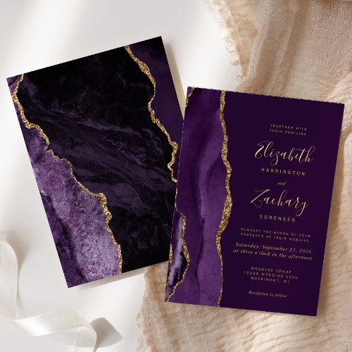 Modern Deep Purple Gold Agate Wedding Foil Invitation