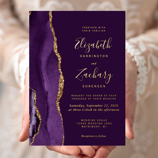 Modern Deep Purple Gold Agate Wedding Foil Invitation (Creator Uploaded)