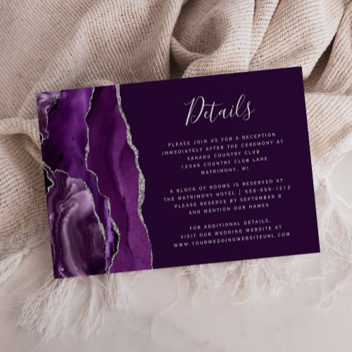 Modern Deep Purple Silver Agate Wedding Details Enclosure Card