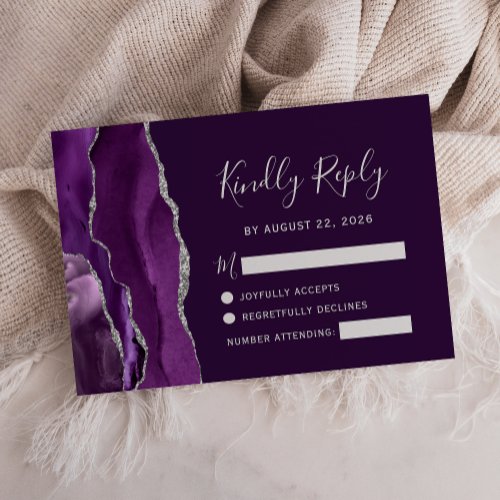 Modern Deep Purple Silver Agate Wedding RSVP Card