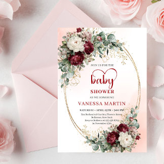 Modern Deep Red Floral Gold Baby Shower Invite