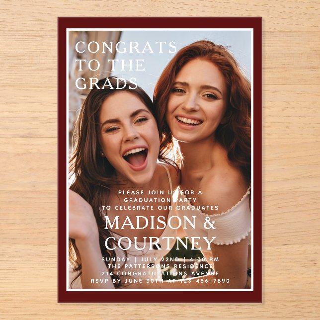 Modern Deep Red Gingham Photo Graduation Party Acrylic Invitations (Front)