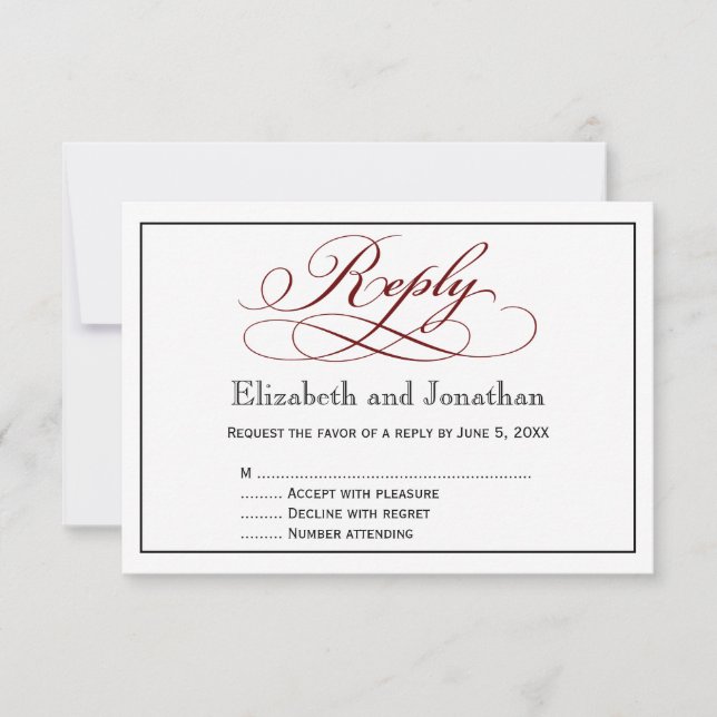 Modern Deep Red Script Wedding Reply Card (Front)
