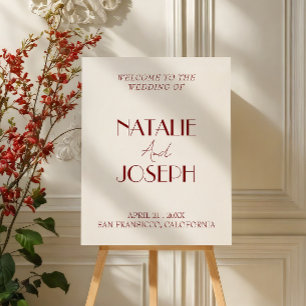 Modern Deep Red White Minimal Wedding Welcome Sign