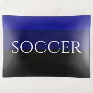 Modern Deep Royal Blue Black Stripes SOCCER Text  Trinket Tray