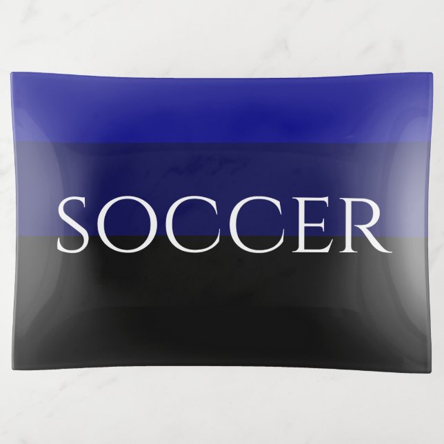 Modern Deep Royal Blue Black Stripes SOCCER Text  Trinket Tray (Front)