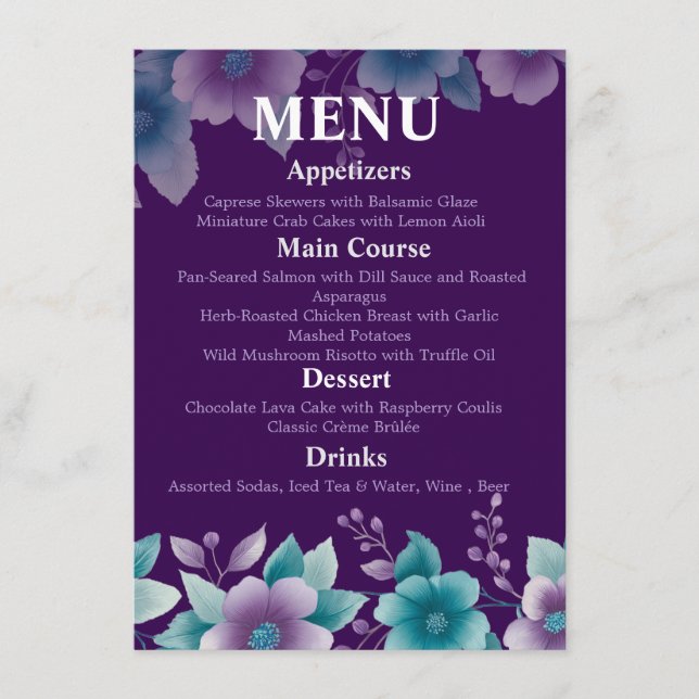 Modern 'Deep Sea Bloom' Wedding Menu | Purple & Te (Front)