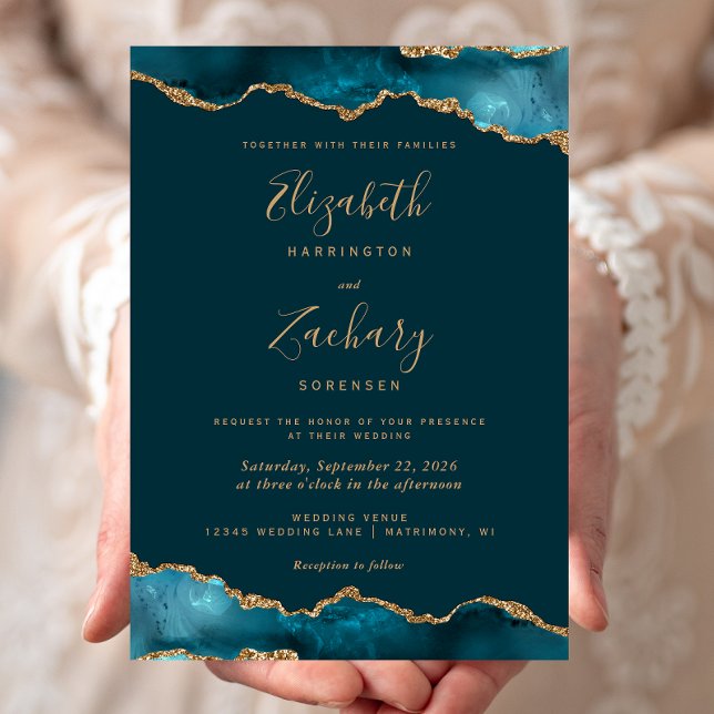 Modern Deep Teal Gold Agate Wedding Invitation (Creator Uploaded)