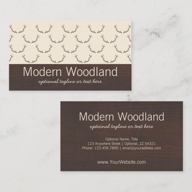 Modern Deer Antlers Pattern on Rustic Brown Wood Business Card (Front/Back)