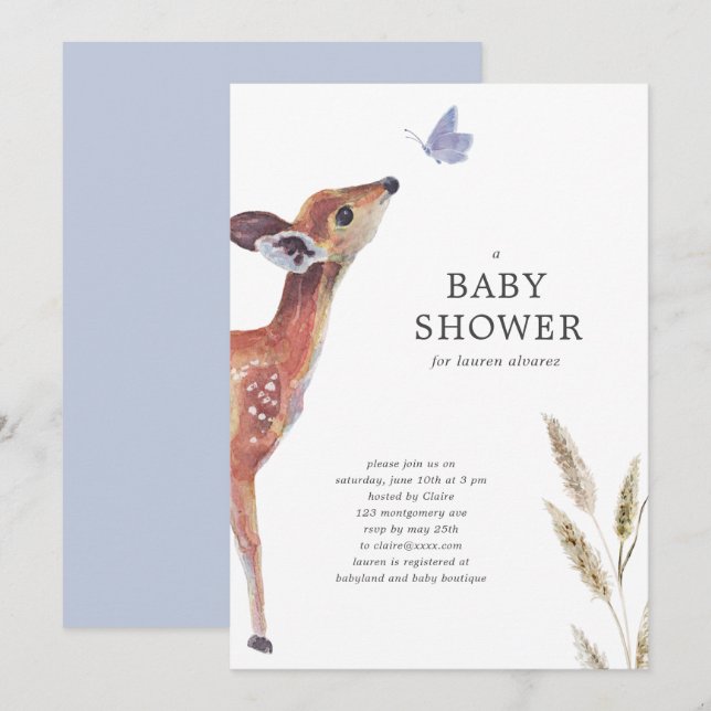 Modern Deer Blue Boy Baby Shower Invitation (Front/Back)
