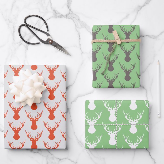 Modern Deer Head Silhouettes Wrapping Paper Sheets (Front)