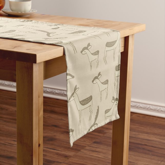 Modern Deer Illustration Beige Pattern Short Table Runner (In Situ)