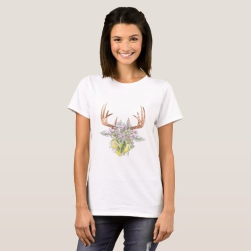 Modern Deer Skull And Floral Pastel Colors T_Shirt