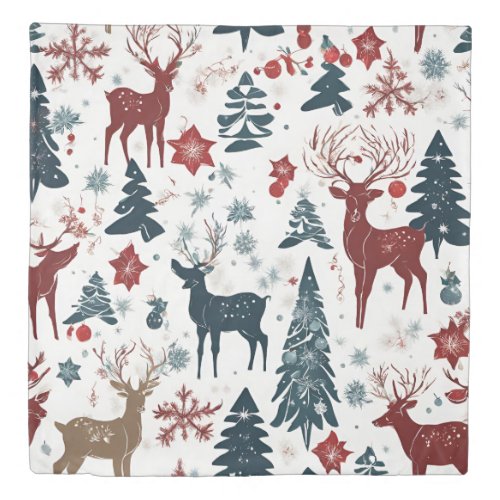 Modern Deers Christmas Trees Snowflakes Flowers Duvet Cover