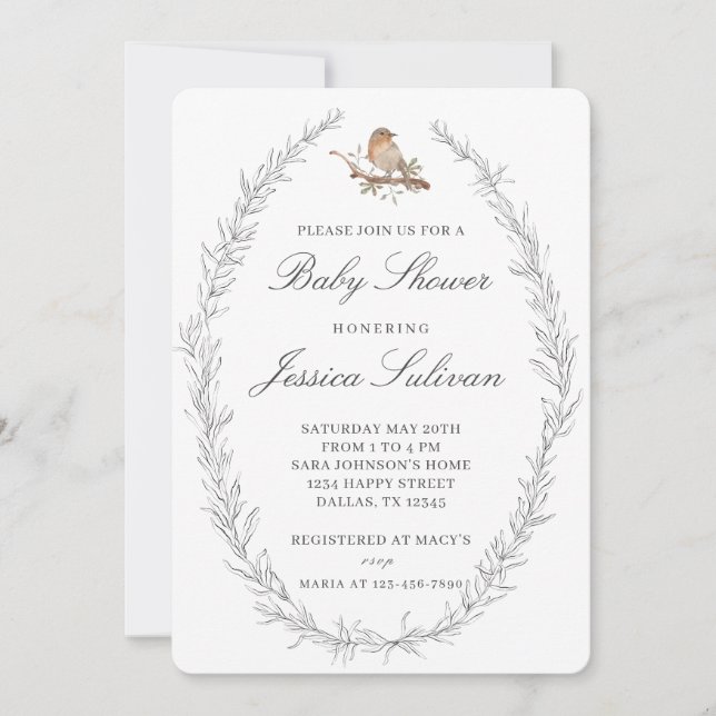 Modern Delicate Bird Baby Shower Invitation (Front)