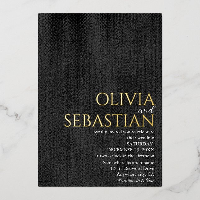 Modern delicate black Minimal Textured Wedding Foil Invitation (Front)