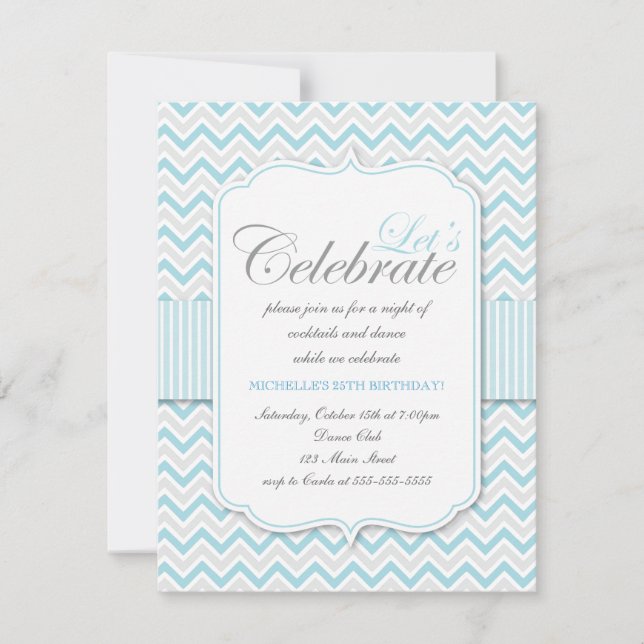 Modern Delicate Blue Chevron Birthday Party Invitation (Front)