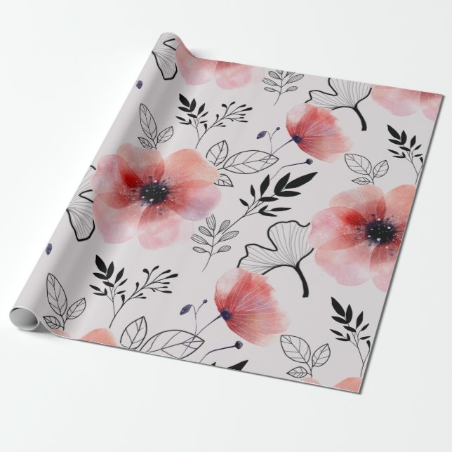 Modern delicate orange floral leaves  wrapping paper (Unrolled)