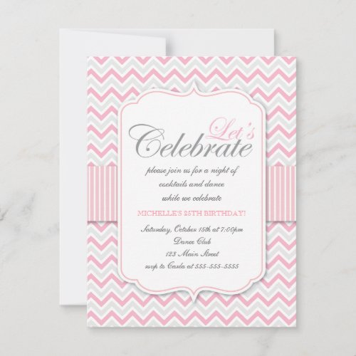 Modern Delicate Pink Chevron Birthday Party Custom Invite