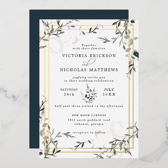 Modern Delicate Spring Greenery Wedding Invitation Foil Invitation (Front/Back)