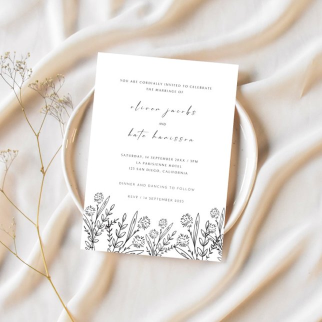 Modern Delicate Wildflower Black & White Wedding Invitation (Creator Uploaded)