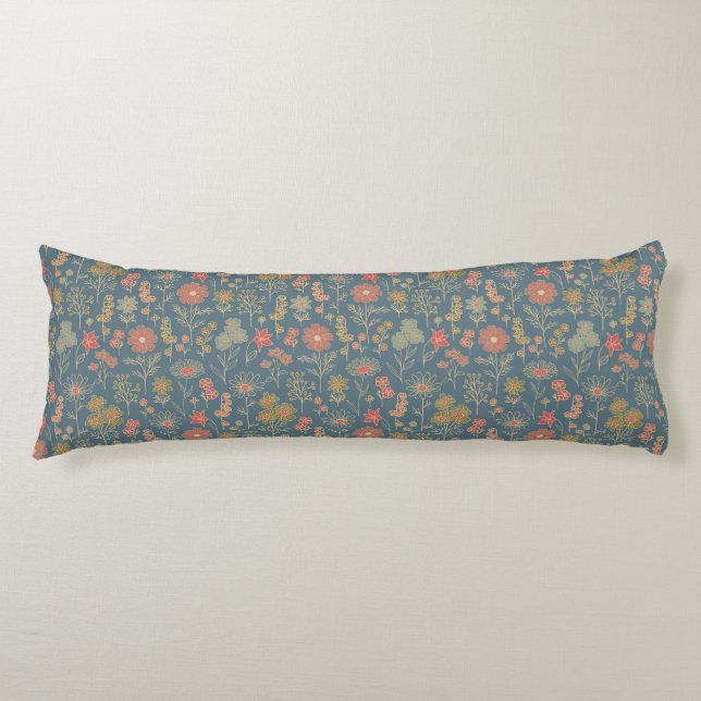Modern Denim Blue & Coral Floral Body Pillow (Front)