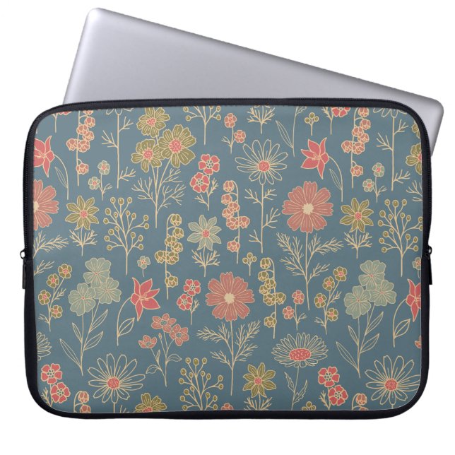 Modern Denim Blue & Coral Floral Laptop Sleeve (Front)