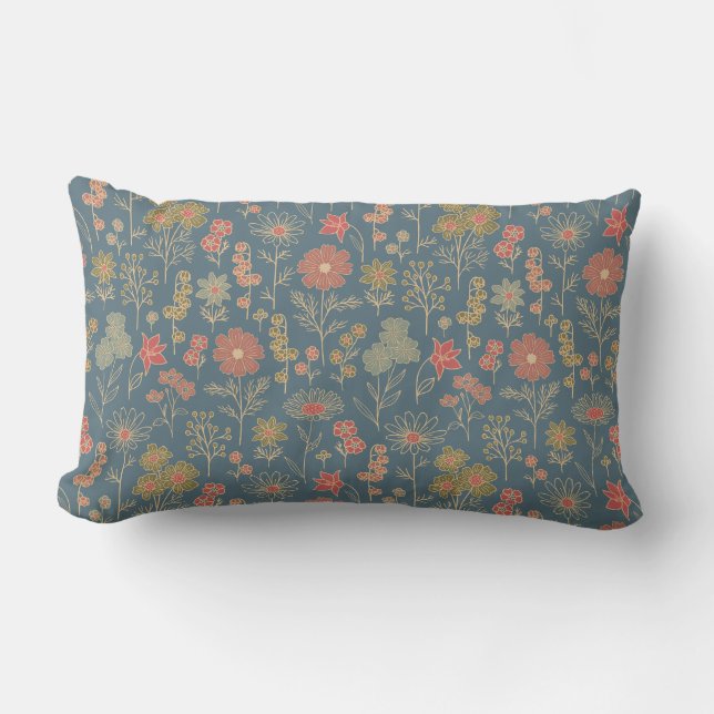 Modern Denim Blue & Coral Floral Lumbar Pillow (Front)
