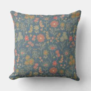 Modern Denim Blue & Coral Floral Throw Pillow