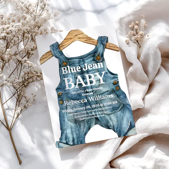 Modern Denim Blue Jean Baby Boy Baby Shower Invitation | Zazzle