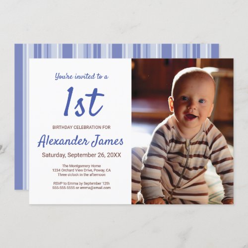 Modern Denim Blue Striped Boy Birthday Party Photo Invitation