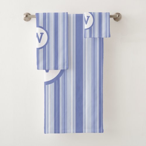 Modern Denim Blue Stripes Monogram Bath Towel Set