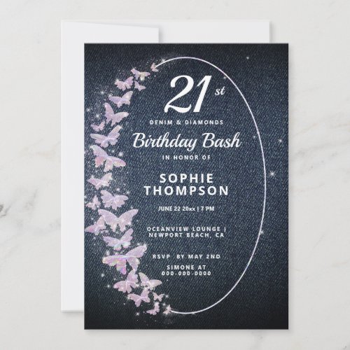 Modern Denim Diamond Pink Butterfly Birthday Party Invitation