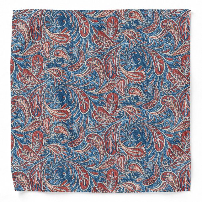 Modern Denim Red White Blue Paisley Pattern Bandana (Front)