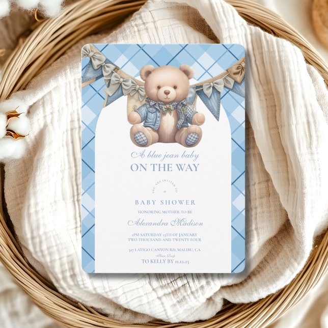 Modern Denim Teddy Bear Baby Shower Invitation (Creator Uploaded)